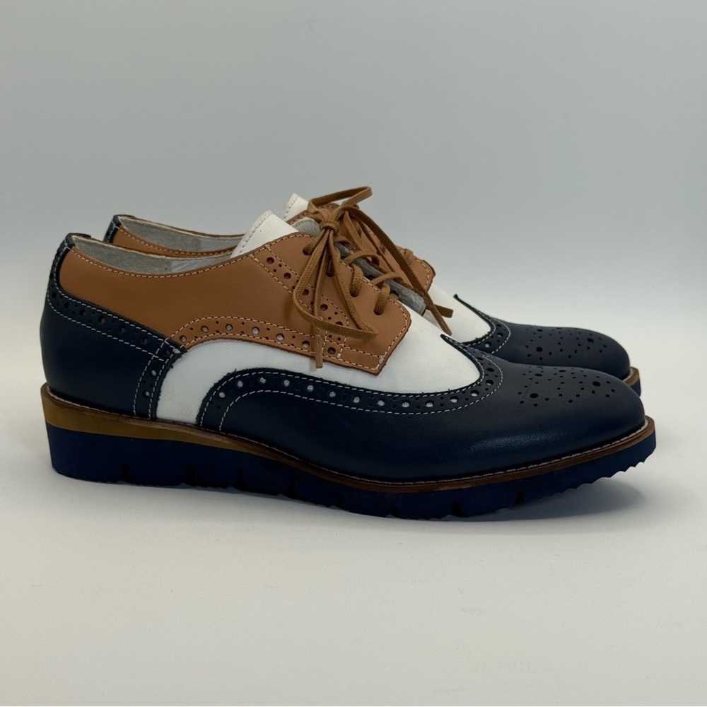 Girotti Wingtip Oxford #2219 Brogue Navy Tan White Leather Size 41 (8.5 US) - Picture 8 of 17